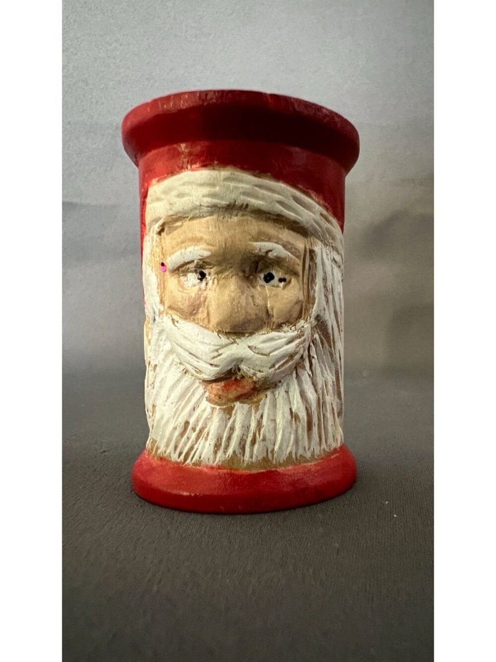 Vintage Hand-Carved Wooden Santa Claus Candle Holder With Red & White Rustic Chr
